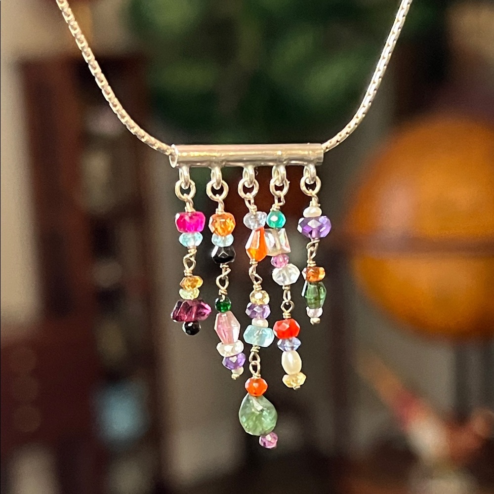 Vintage Artisan Multicolor Faceted Gemstone Beaded Drop Sterling Silver Necklace